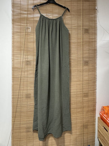 Robe longue à bretelles gaze de coton kaki