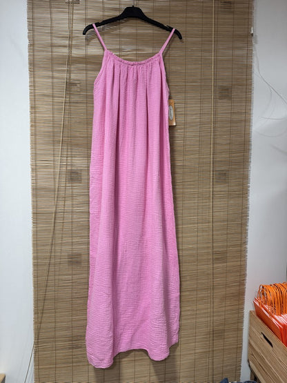 Robe longue à bretelles gaze de coton rose
