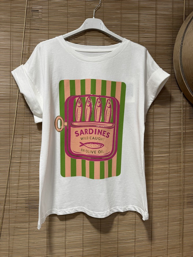 T-shirt blanc SARDINES vert/abricot