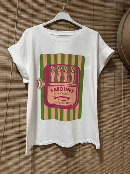T-shirt blanc SARDINES vert/abricot