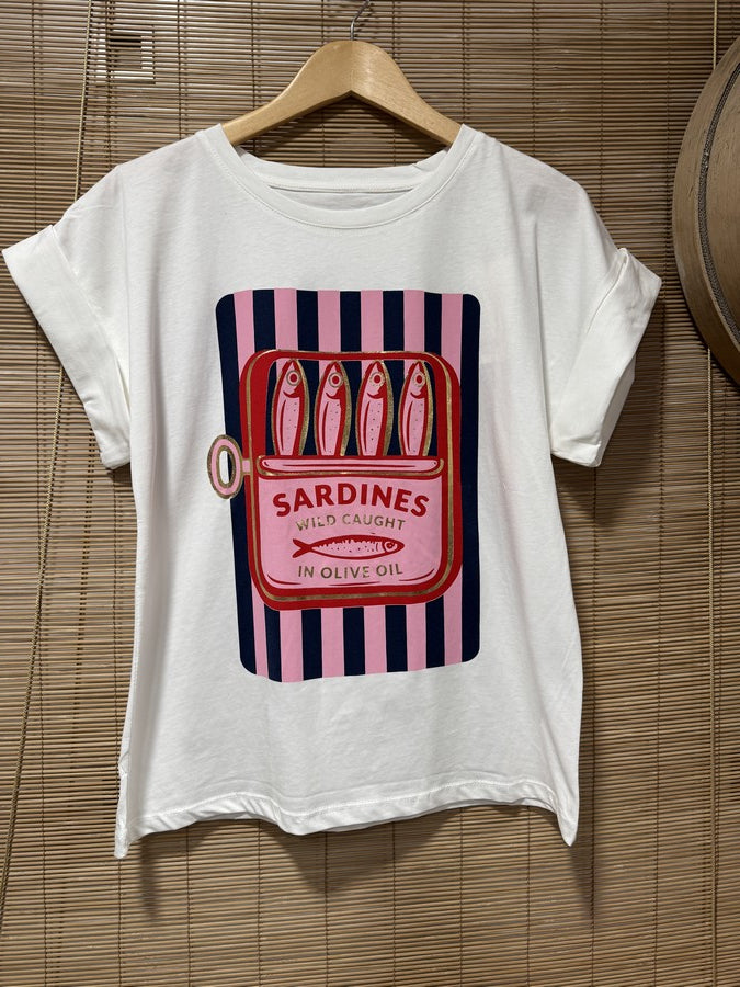 T-shirt blanc SARDINES bleu marine/rose