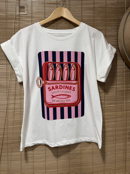 T-shirt blanc SARDINES bleu marine/rose