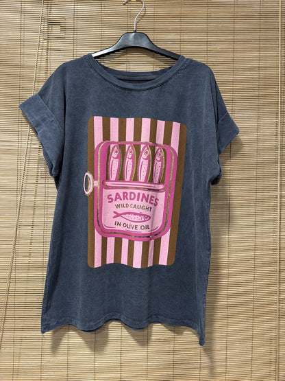 T-shirt anthracite Sardines rose/marron
