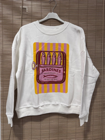 Sweat blanc SARDINES jaune/rose