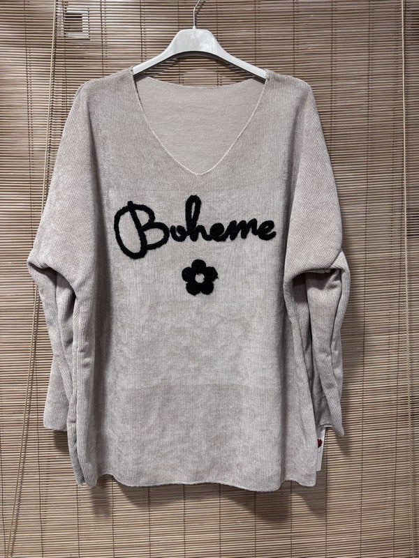 Sweat velours Bohème col V sable