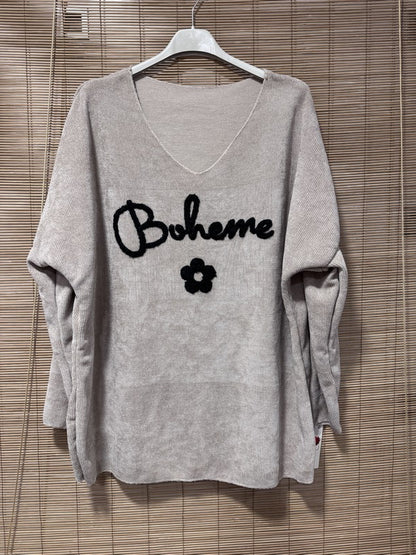 Sweat velours Bohème col V sable