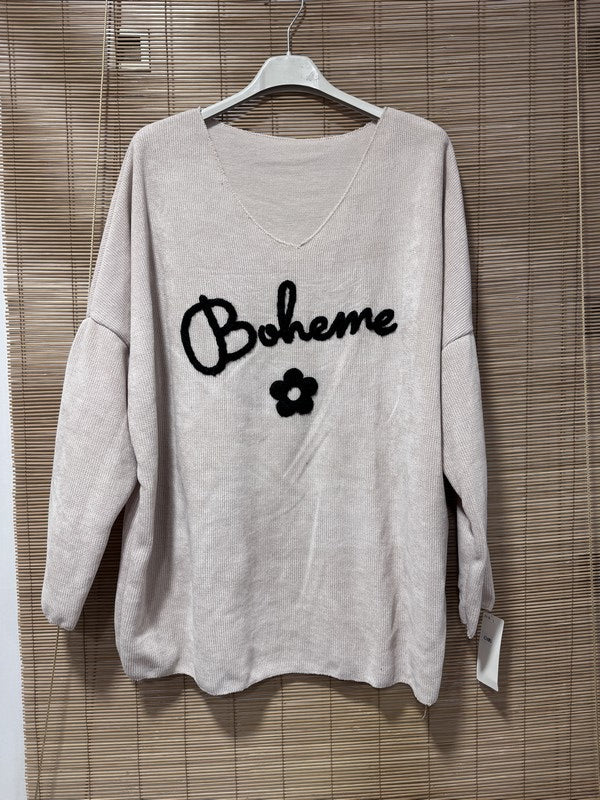 Sweat velours Bohème col V écru