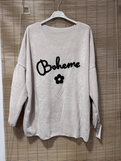 Sweat velours Bohème col V écru