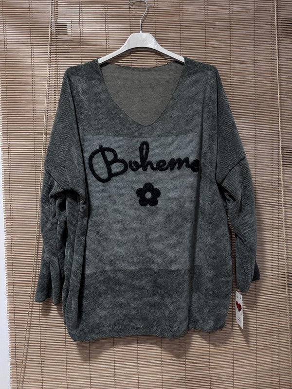 Sweat velours Bohème col V kaki