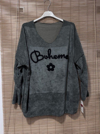 Sweat velours Bohème col V kaki