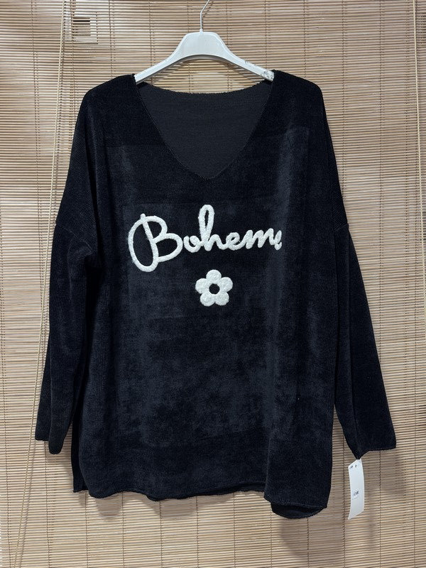 Sweat velours Bohème col V noir