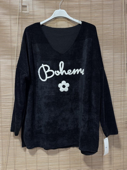 Sweat velours Bohème col V noir