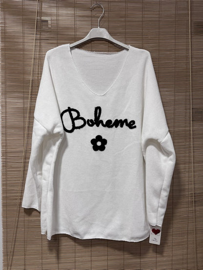 Sweat velours Bohème col V blanc