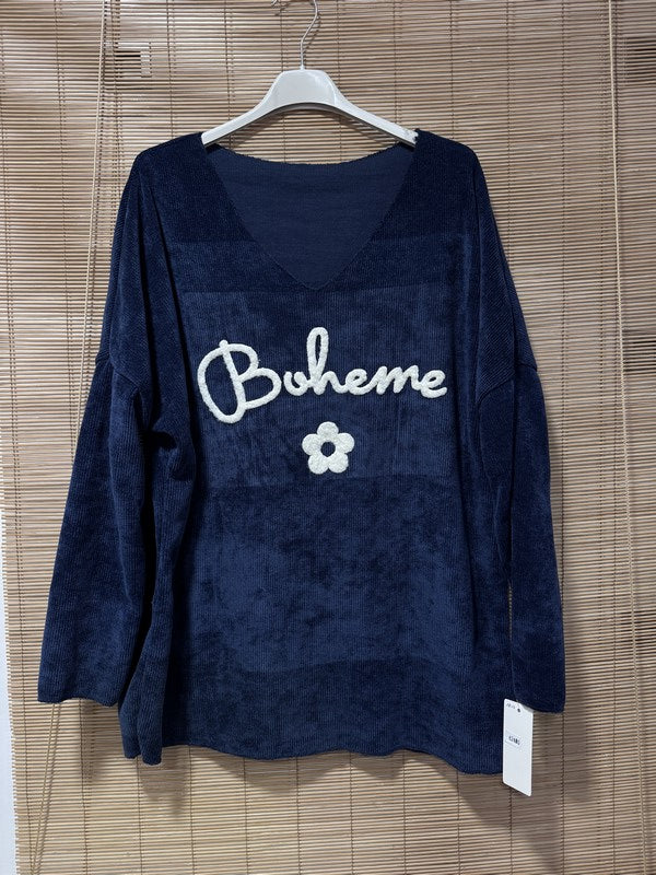 Sweat velours Bohème col V bleu marine