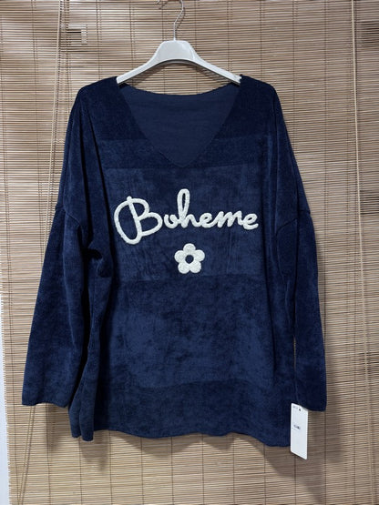 Sweat velours Bohème col V bleu marine