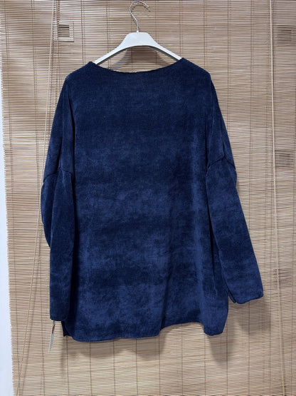 Sweat velours Bohème col V bleu marine