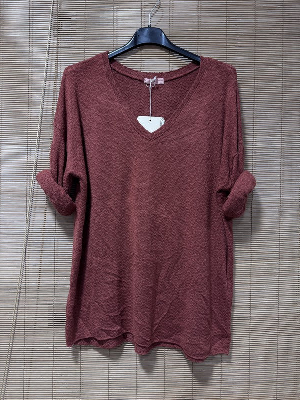 Pull fin col V en maille rouille