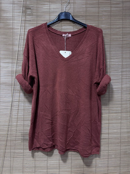 Pull fin col V en maille rouille