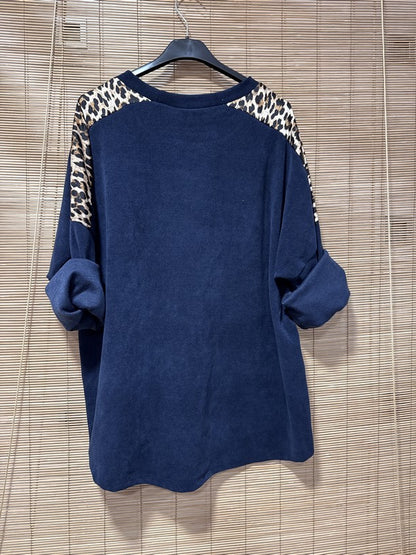 Sweat velours léopard poche poitrine bleu marine