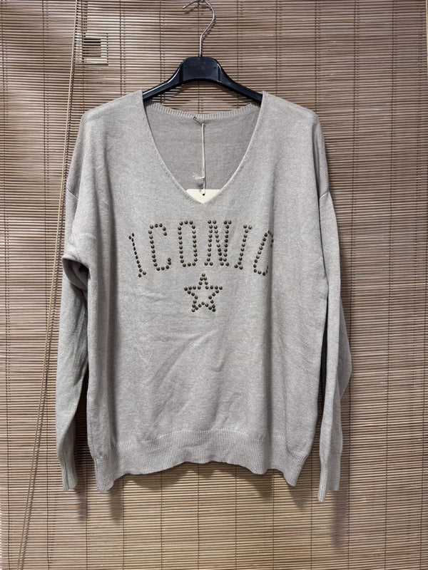 Pull fin ICONIC clouté sable chiné