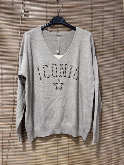 Pull fin ICONIC clouté sable chiné