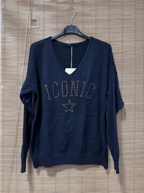 Pull fin ICONIC clouté bleu marine