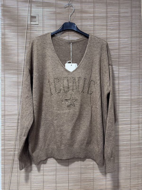 Pull fin ICONIC clouté camel chiné