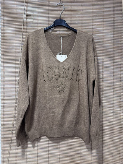 Pull fin ICONIC clouté camel chiné
