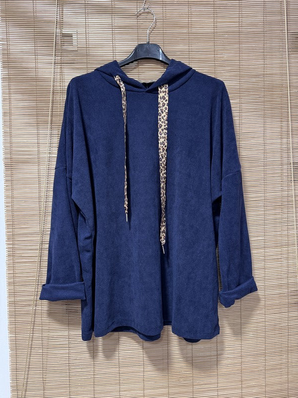 Sweat à capuche velours piqué cordon léopard bleu marine