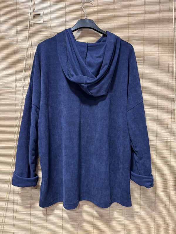 Sweat à capuche velours piqué cordon léopard bleu marine
