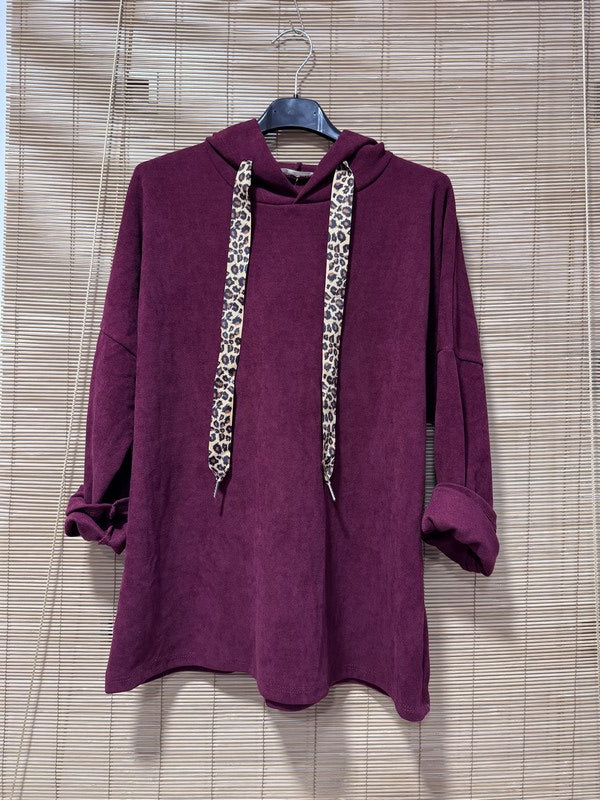 Sweat à capuche velours piqué cordon léopard bordeaux