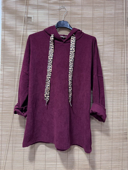 Sweat à capuche velours piqué cordon léopard bordeaux