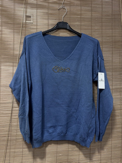 Pull fin POISSON clouté bleu jean