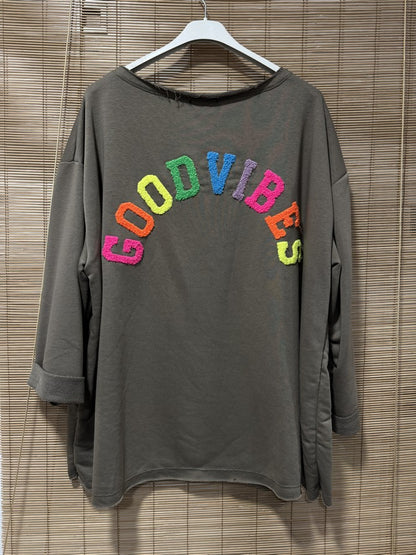 GRANDE TAILLE - Sweat GOOD VIBES taupe