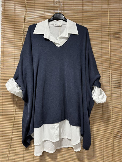 GRANDE TAILLE - Pull fin chauve-souris col V bleu marine