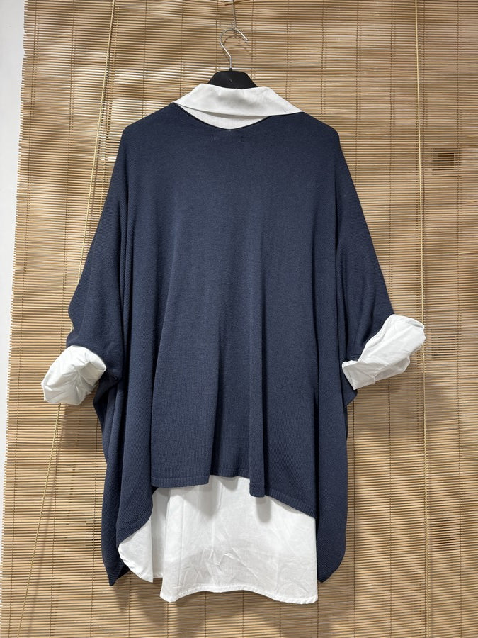 GRANDE TAILLE - Pull fin chauve-souris col V bleu marine