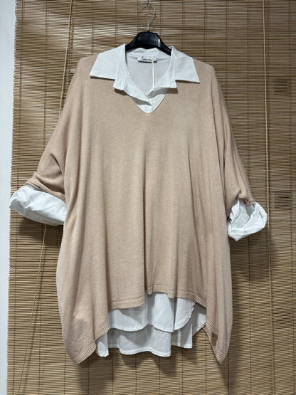 GRANDE TAILLE - Pull fin chauve-souris col V beige