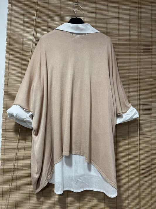 GRANDE TAILLE - Pull fin chauve-souris col V beige