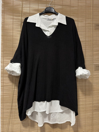 GRANDE TAILLE - Pull fin chauve-souris col V noir