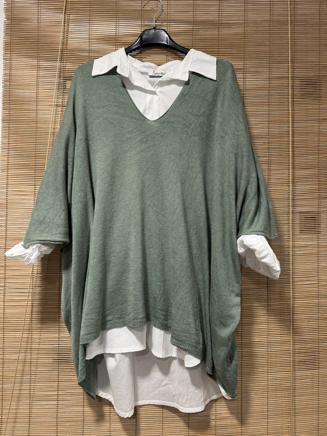 GRANDE TAILLE - Pull fin chauve-souris col V kaki