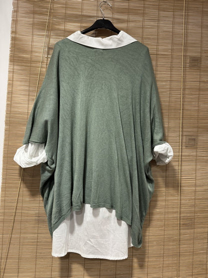 GRANDE TAILLE - Pull fin chauve-souris col V kaki