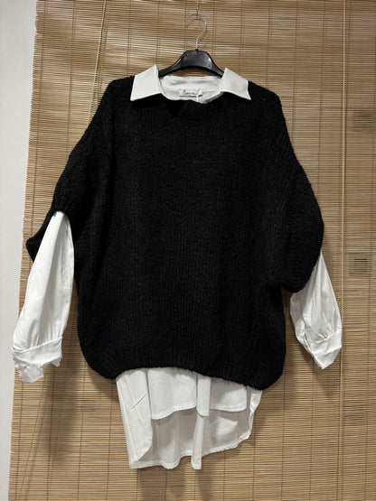 GRANDE TAILLE - Pull col V manches courtes noir