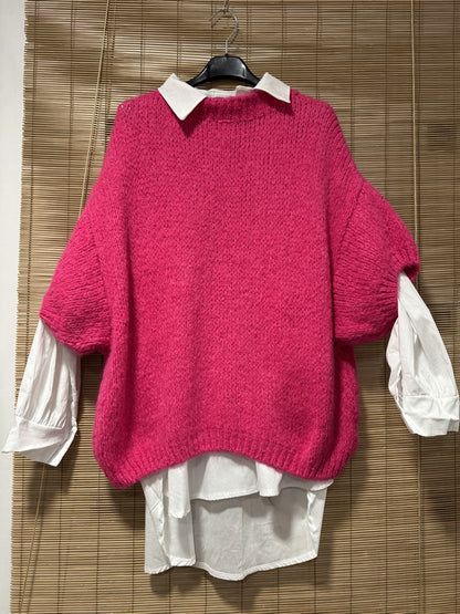 GRANDE TAILLE - Pull col V manches courtes fuchsia