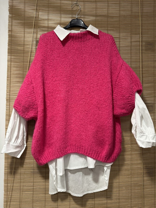 GRANDE TAILLE - Pull col V manches courtes fuchsia