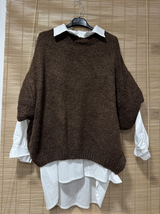 GRANDE TAILLE - Pull col V manches courtes marron