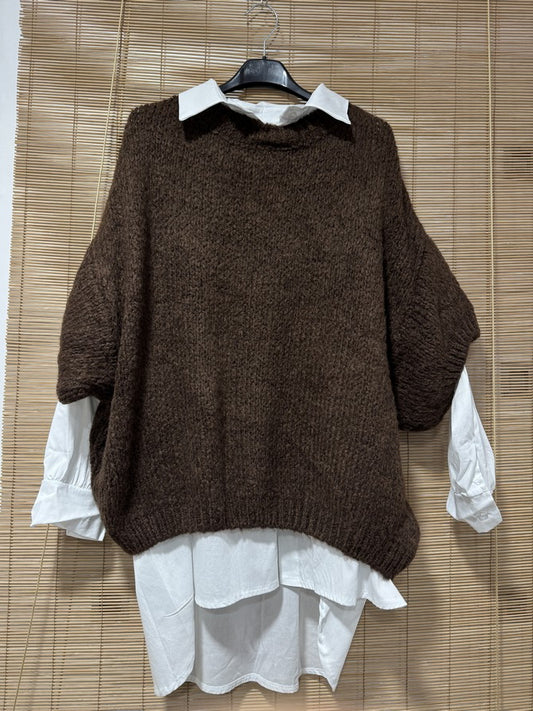 GRANDE TAILLE - Pull col V manches courtes marron