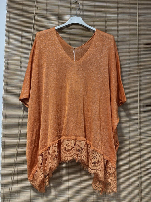 GRANDE TAILLE - Pull fin fluide dentelle bas lurex orange