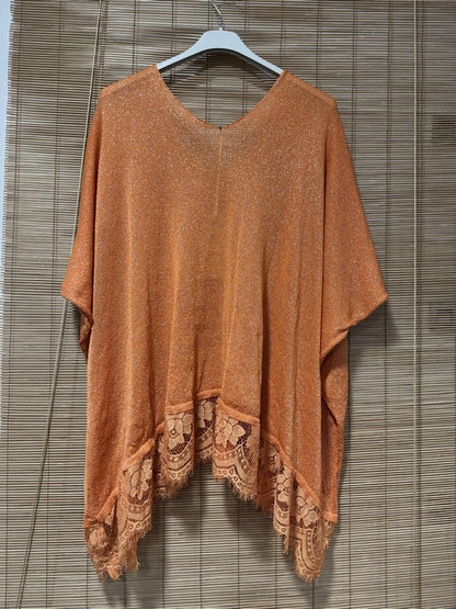GRANDE TAILLE - Pull fin fluide dentelle bas lurex orange