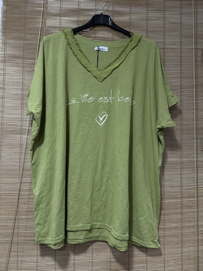 GRANDE TAILLE - T-shirt La Vie est Belle vert olive