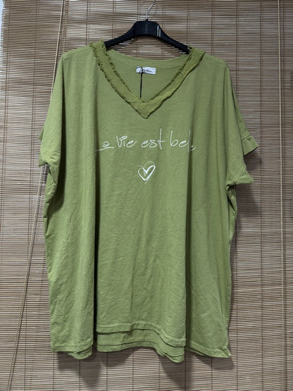 GRANDE TAILLE - T-shirt La Vie est Belle vert olive